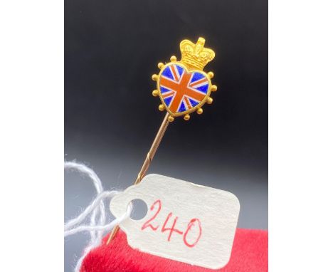 A antique union jack and imperial crown stick pin fully enamelled in heart shaped high carat with registration mark and screw