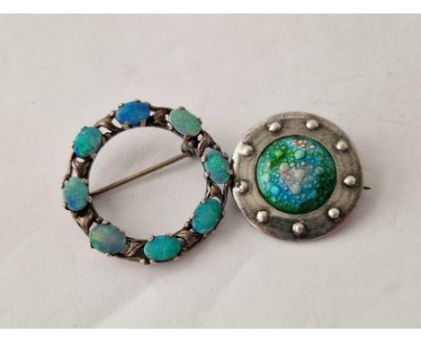 Small arts &amp; crafts silver enamel brooch and a Bernard Instone silver and opalite brooch