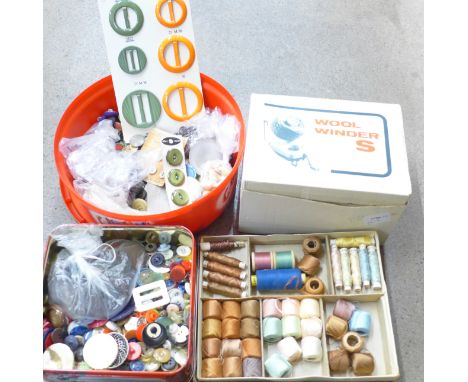 Vintage buttons, sewing related items and a wool winder, etc.