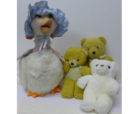 Three bears comprising Chad Valley, Deans and Persil promotion, and a talking Mother Goose (4)