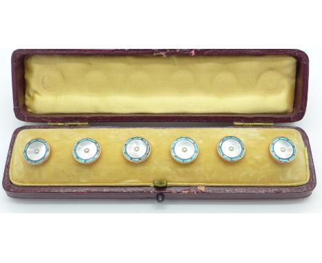 Six enamel and mother of pearl buttons, boxed