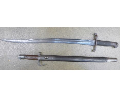 Two British bayonets, a 1907 pattern bayonet and scabbard, Wilkinson blade, dated 9 16, with hook and quillon, the other unma