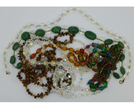 Five vintage bead necklaces and a multi-strand glass bead bracelet