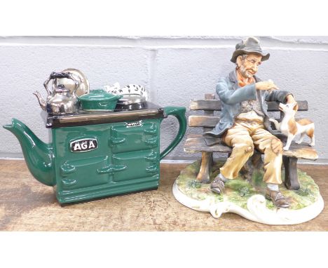 A Capodimonte figure of a tramp seated on a bench, with dog, signed Zondella and a teapot in the form of an Aga