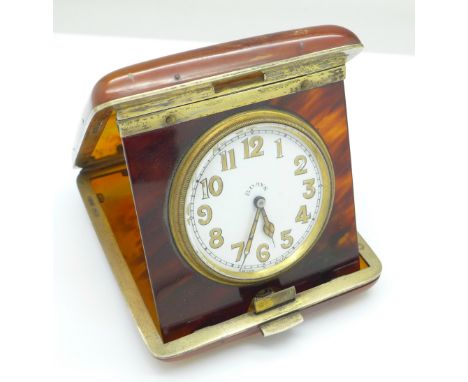 A silver and faux tortoiseshell 8-days travel clock, London 1925, restored, a/f