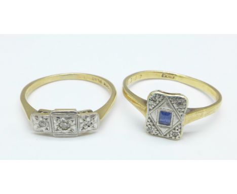 Two 9ct gold and diamond set Art Deco rings, 3.3g, L and M