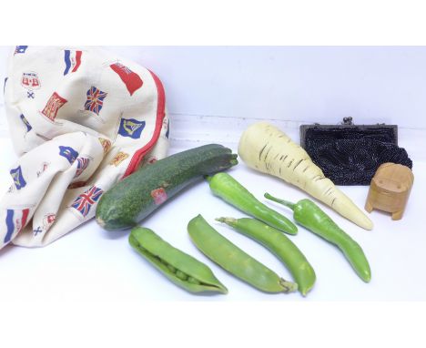 A bead purse, a novelty pencil sharpener, seven Penkridge china vegetables, one a/f, etc.