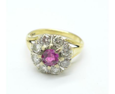 An 18ct gold, ruby and diamond cluster, 5.5g, M