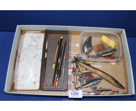 A tray containing vintage fishing lures, Devon minnows, floats, spinners, etc.
