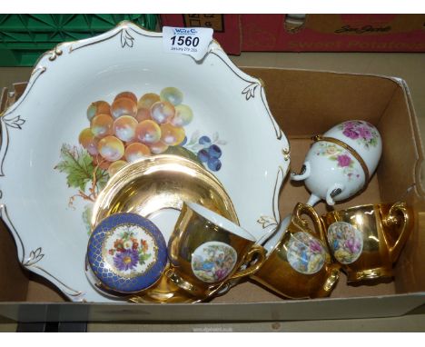A small quantity of china including; Past Times Meissen trinket pot, porcelain egg casket, gold lustre coffee cups & saucers 