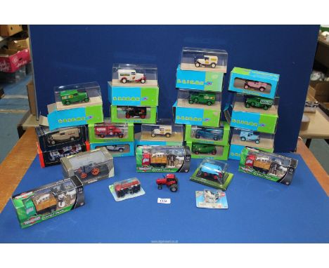 A quantity of model vehicles including boxed 'Licor' cars, farm vehicles by Teamsterz etc.