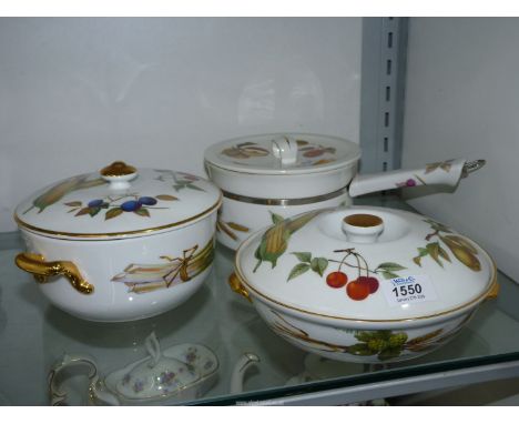 Three pieces of Royal Worcester 'Evesham', two tureens and a saucepan.