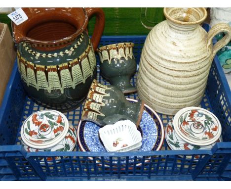 A small quantity of china and pottery to include; three Royal Worcester plates, two Limoges pin dishes, one handled pottery v