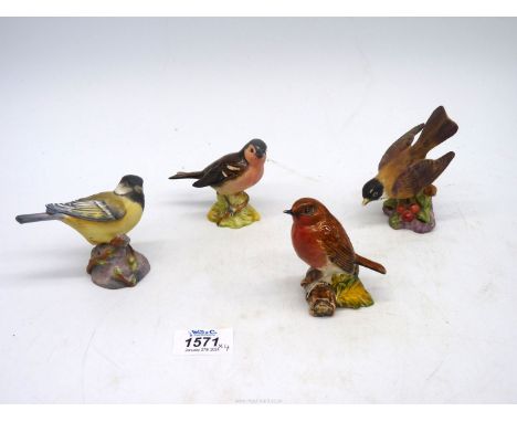 Four bird ornaments to include; two Beswick and two Royal Worcester including; Great tit and American Robin (chip to beak).