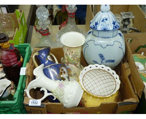 A quantity of vases including Belleek, Noritake, Crown Ducal and Aynsley 'Orchard Gold' rose bowl.
