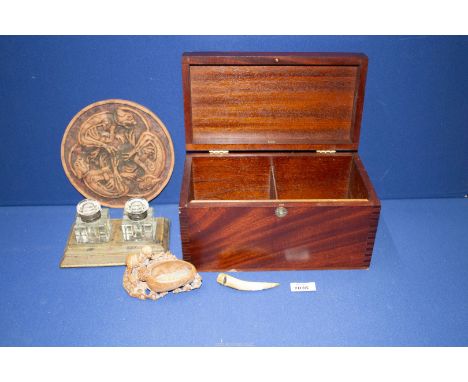 A quantity of miscellanea including soapstone model, whistle made from horn, standish with glass inkwell, terracotta plaque, 