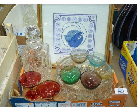 A small quantity of glass including cut glass decanter, set of six colourful sherry glasses, bowl, together with a cross stit