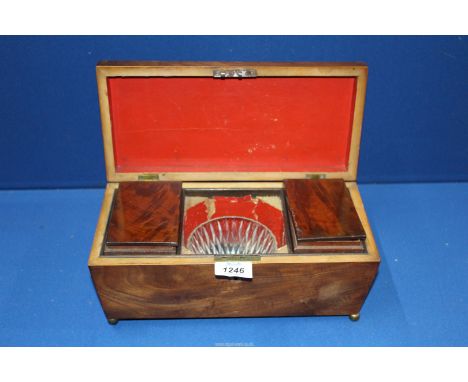 A Tea Caddy (a/f.) with glass mixing bowl and lidded compartments on brass feet (one foot missing), 12" wide x 6" deep (appro
