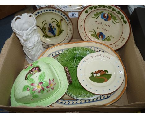 A quantity of china to include; 'Fruit' Burslem pottery plate painted by I. Hancock, soup plate, Wedgwood cabbage leaf plate,