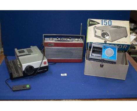 A Leica Pradouit P150 slide Projector, boxed Boots 150 Projector and a Roberts Radio.