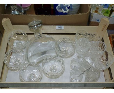 A quantity of wine glasses, sundae dishes, decanter, etc.