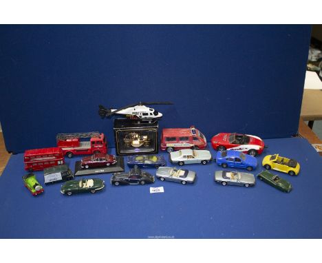 A quantity of model vehicles including M.C Toys, Matchbox, Lledo etc, cars, buses, helicopter, etc.