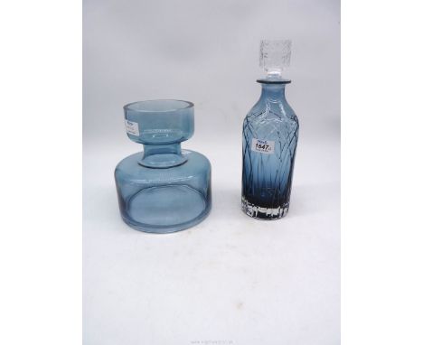 A Royal Brierley 'Harris Ink blue' glass decanter and unusual geometric from blue tint vase, 8" tall.