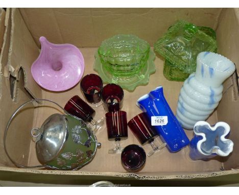 A quantity of coloured glass including; Alum Bay 'Jack in Pulpit' vase, uranium green glass, ruby sherry glasses etc, some a/