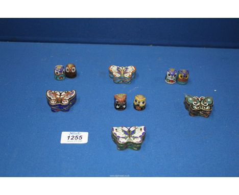 Four Cloisonné butterfly trinket boxes and six Cloisonné owl thimbles.