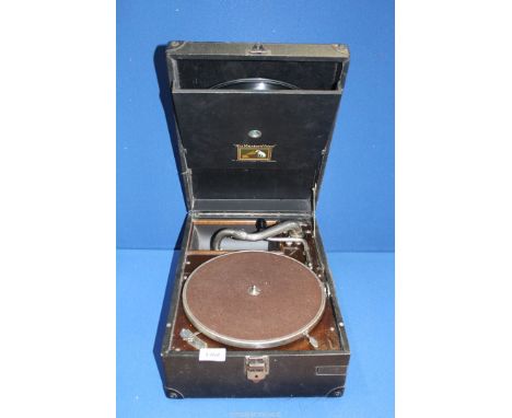 A 'His Master's Voice' record player.