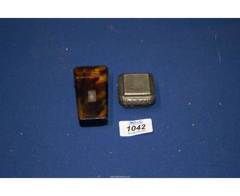 A conical shaped tortoiseshell Etui with vacant cartouches (missing some contents), plus a small, white metal trinket box.