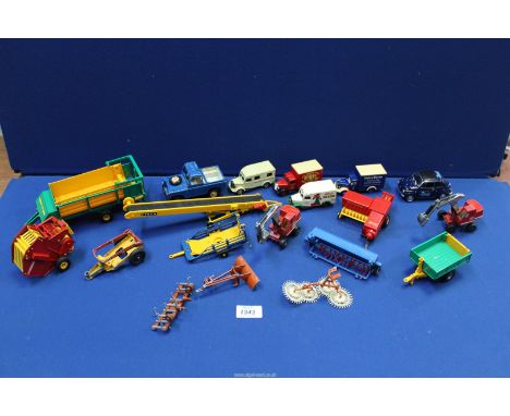 A quantity of model farm implements and vehicles in Britains, Pottinger Erntewagon, Lledo Die Cast vehicles, Britains Land Ro