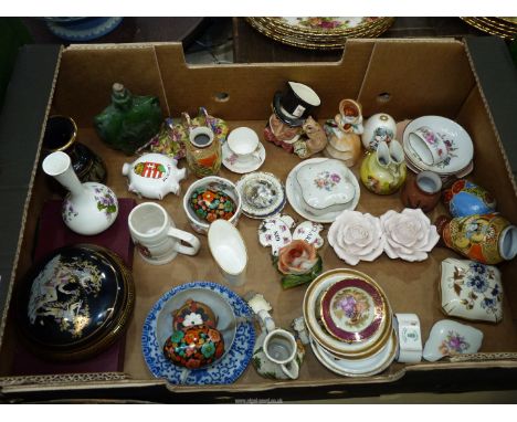 A quantity of small china items including Herend rose (chipped), Japanese cup and saucer, Adderley decanter labels, tiny doub