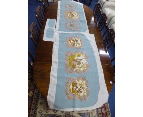 A DECORATIVE NEEDLEWORK/TAPESTRY, with pale blue background and a similar example, etc (3)