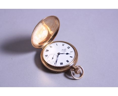 A 9CT FULL HUNTER POCKET WATCH, dust cover marked 9ct, monogrammed to one side, white enamelled with secondary dial, Birmingh