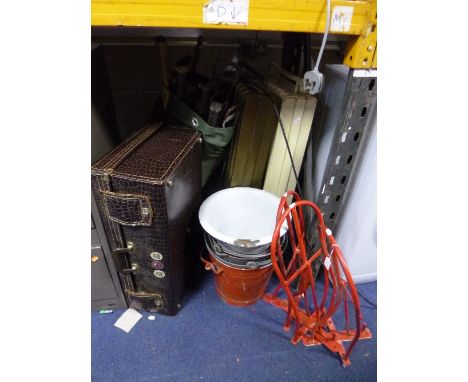 TWO SADDLE RACKS, five various buckets, suitcase, two vintage heaters, etc