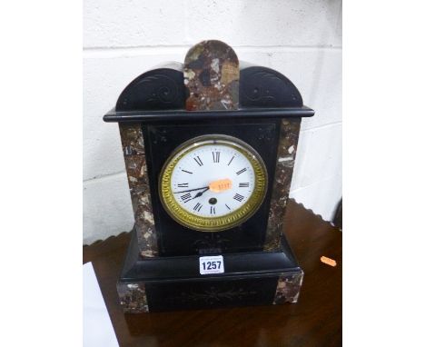 A VICTORIAN BLACK SLATE MANTLE CLOCK, with inset marble panels, (sd) (key and pendulum)