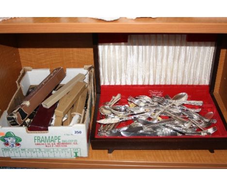 A QUANTITY OF CUTLERY, etc, Insignia plate etc, with empty canteen box, boxed recorder etc