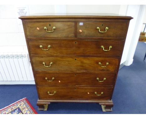 A 19TH CENTURY MAHOGANY CHEST, of two short and four long drawers with ogee bracket feet supports, approximate size width 114
