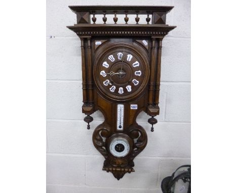 A FRENCH CARVED MAHOGANY WALL CLOCK/BAROMETER, with separate thermometer