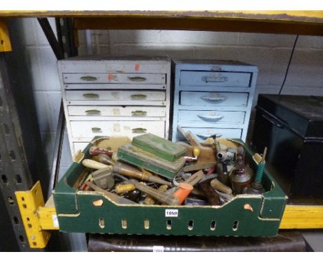 TWO PAINTED FIVE DRAWER TOOL CHESTS, and a box, all containing a quantity of hand tools, etc (3)