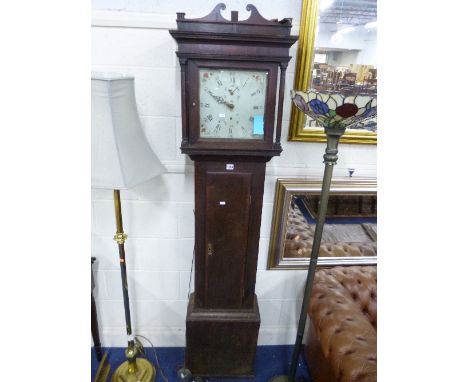 A GEORGIAN OAK CASED LONGCASE CLOCK, 30hr movement, square painted face unmarked, approximate height 196cm, (sd, losses, etc)