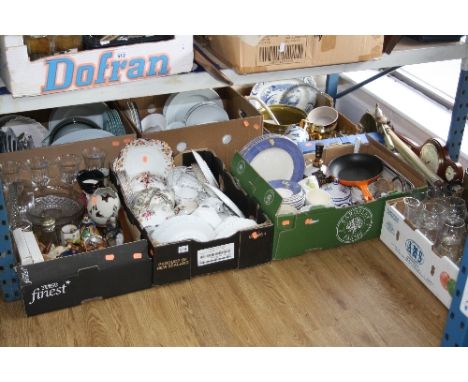 SEVEN BOXES AND LOOSE CERAMICS, GLASS, BAROMETER, LE CREUSET PAN, TRIPOD, etc
