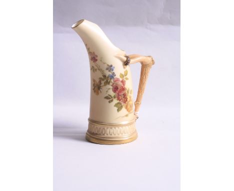 A ROYAL WORCESTER TUSK JUG, shape No.1116, decorated with flowers and foliage on blush ivory ground, height approximately 15.