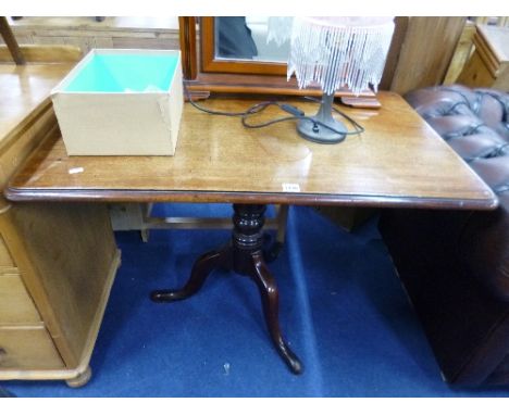 A 19TH CENTURY MAHOGANY RECTANGULAR TILT TOP TRIPOD TABLE, approximate size length 97cm x width 61cm x height 69cm