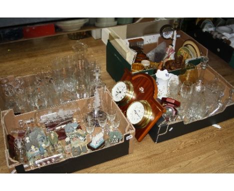 FOUR BOXES AND LOOSE GLASS, CERAMICS, CLOCKS, BAROMETER, etc, to include seven glass ships in a bottle, Aynsley etc