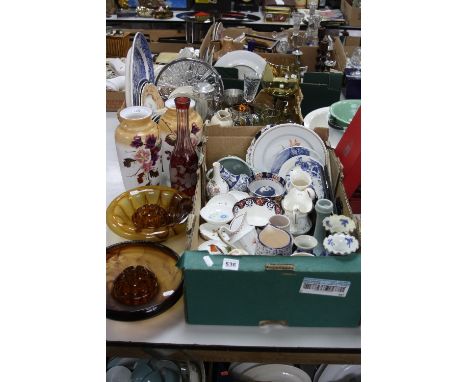 TWO BOXES AND LOOSE CERAMICS AND GLASS, etc, to include a pair of opaque vases, clouded glass posy bowls, 'Willow' meat platt