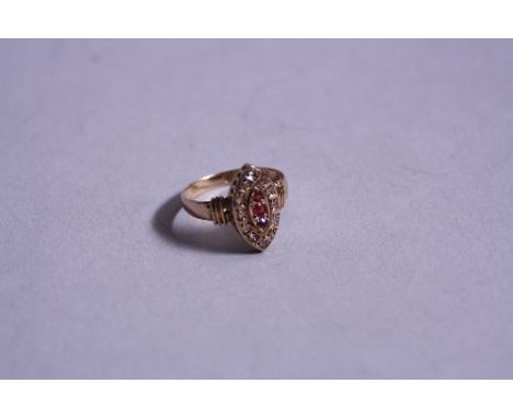 A 9CT VICTORIAN MARQUISE SHAPED DIAMOND AND RUBY RING, ring size M1/2, approximate weight 2.0 grams