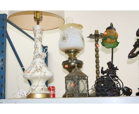 AN ART DECO STYLE WIDDOP BINGHAM & CO DESK LAMP, together with an oil lamp and two other table lamps (4)