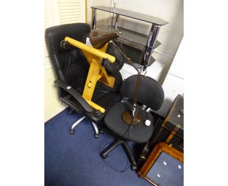 AN ANGLE POISE STYLE LAMP, a small modern desk and two office swivel chairs, etc (5)   